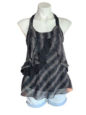 Cecico Black Starry Halter Top Ruffle Sheer Whimsigoth Y2K M